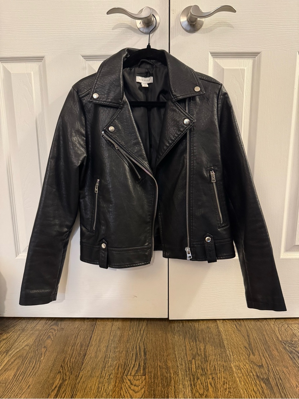 Topshop Black Faux Leather Moto Jacket with Silver Hardware
